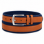 Brown and blue belt with a silver buckle on a white background