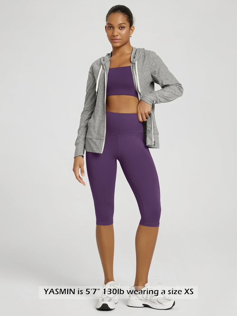 Women'S High Waisted Yoga Capris with Pockets, Tummy Control Non See through Workout Athletic Running Capri Leggings صورة ثانوية