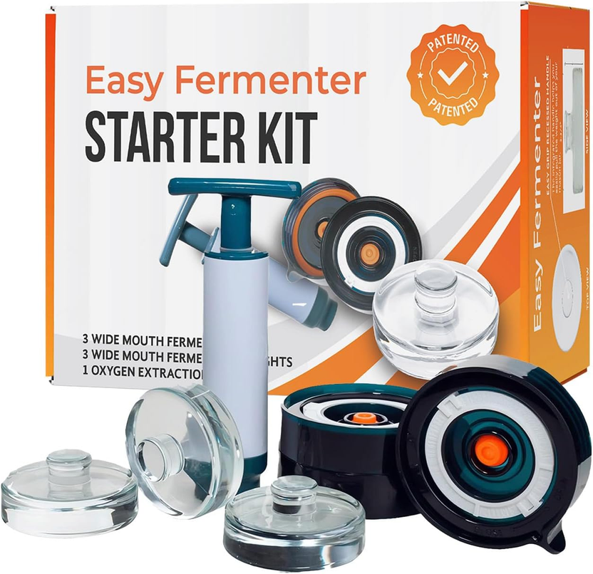 Fermentation Lids Starter Set, Includes 3 Airlock Fermentation Lids and 3 Glass Weights, Sauerkraut Fermenting Kit for Wide Mouth Mason Jar, Pickles, Vegetables, & Kimchi Making Kit الصورة الرئيسية