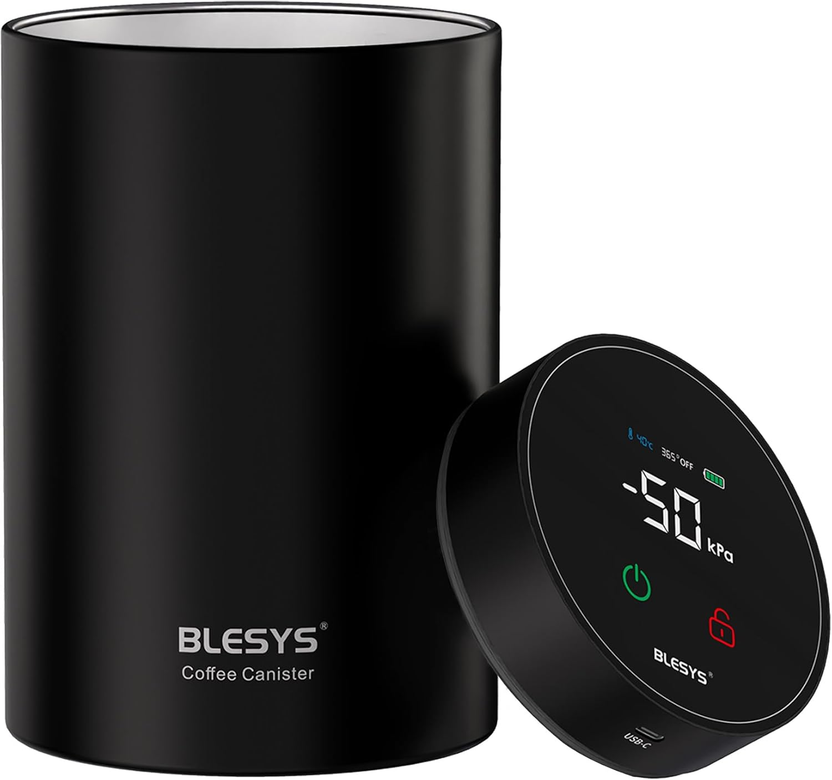 Smart Vacuum Coffee Canister, Automatic Stainless Steel Food Storage Container, LCD Monitoring, One-Touch Freshness, Date Tracker, Extra-Long Standby Time, Holds 20 Oz Coffee Beans (Black, 1.8L) الصورة الرئيسية