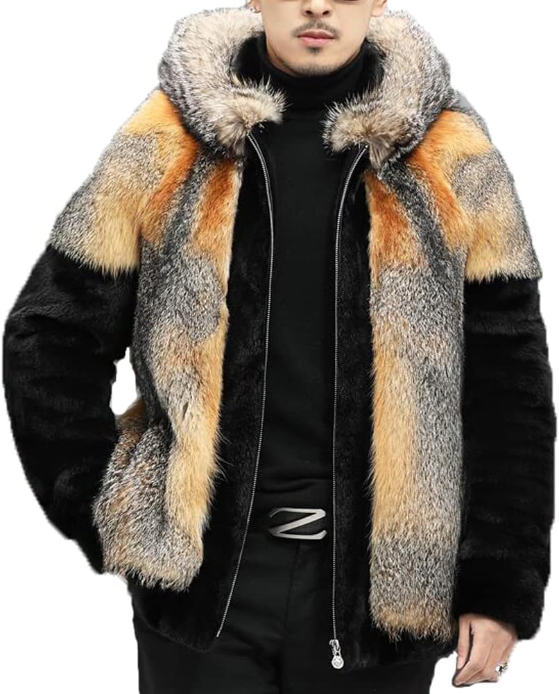 Mens Fox Fur Coat Fashion Fox Fur Coat Hooded Short Winter Warm Coats الصورة الرئيسية