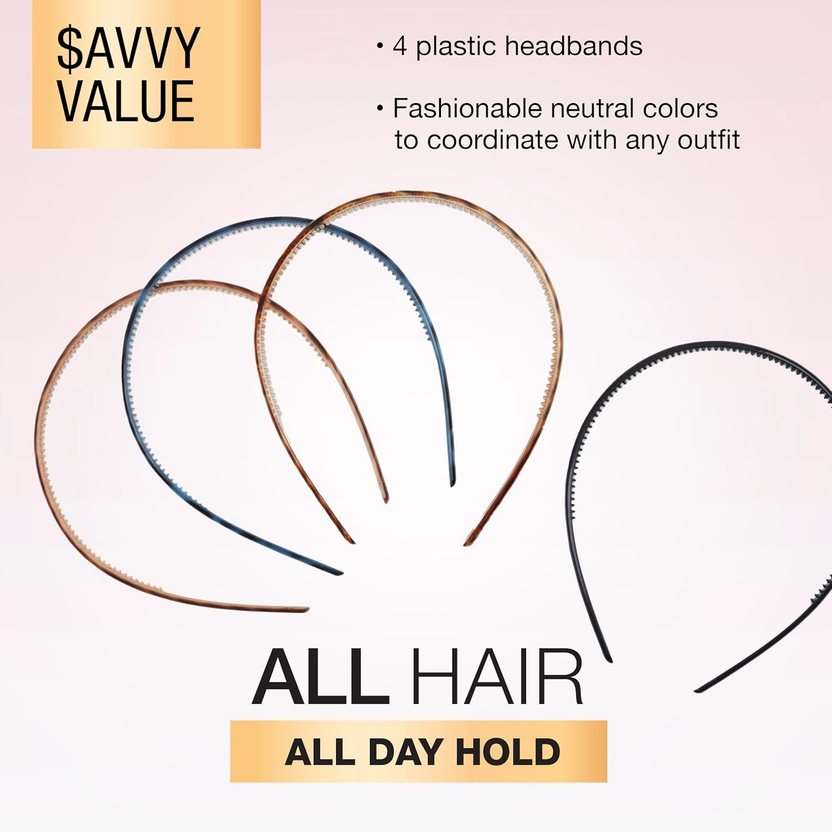Scunci by Effortless Beauty Skinny Headband -Plastic Headbands for Women and Men - Hair Accessories for Women - Neutral Colors - 4 Count صورة ثانوية