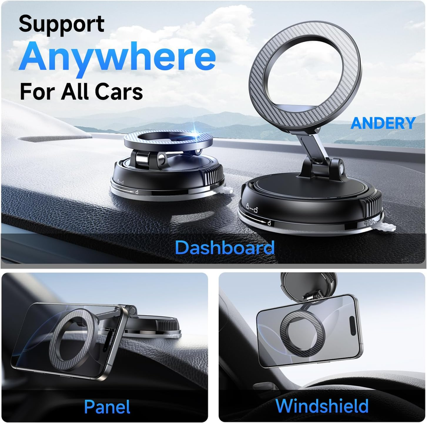 Car Phone Holder for Magsafe [78+LBS Strongest Suction & 2400Gf Magnetic] 360° Adjustable Car Phone Mount, Phone Holders for Your Car for Iphone 17 Pro Max 16 15 14 13 12 Air Plus, Carbon Fiber صورة ثانوية