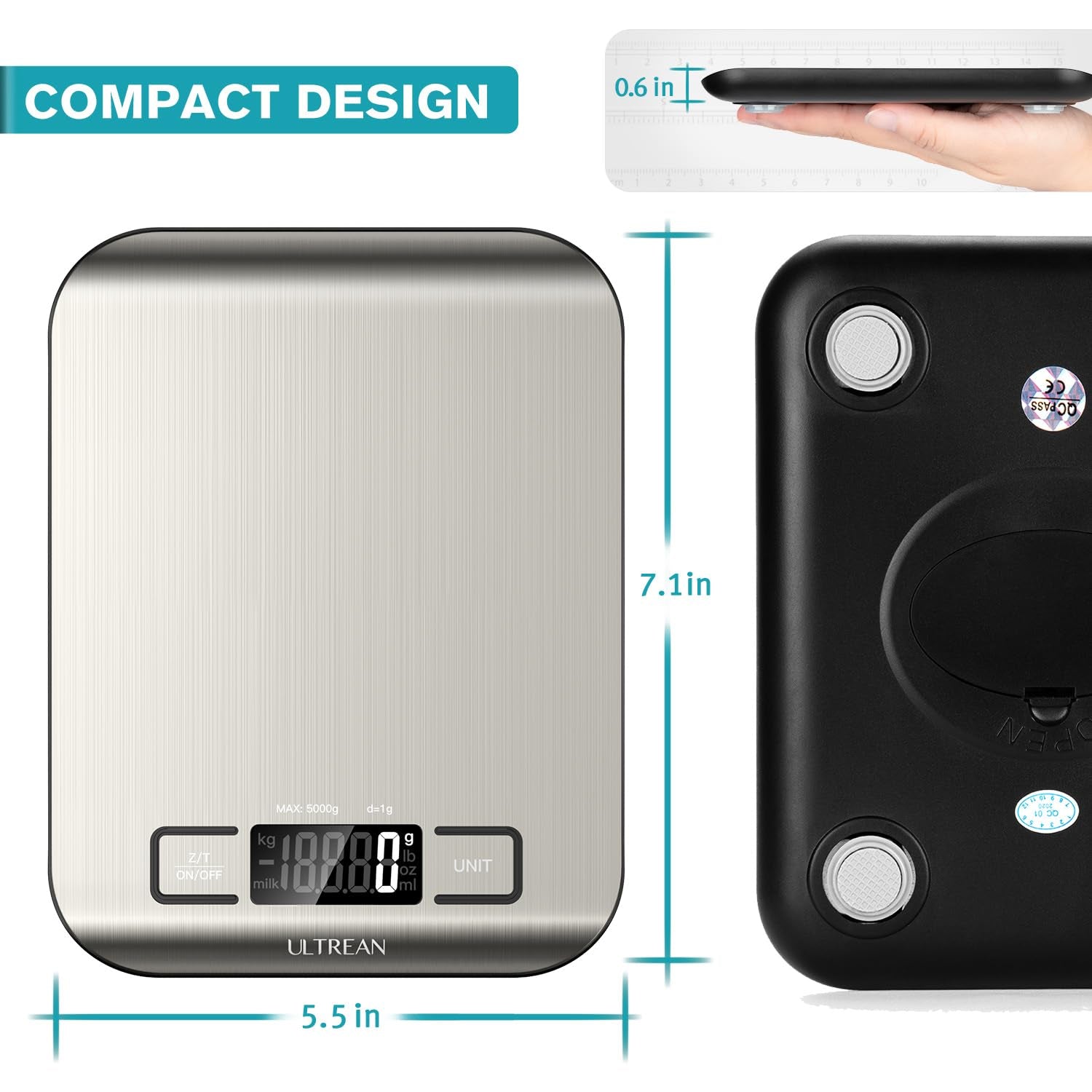 Food Scale, Digital Kitchen Scale with LCD Display, Weight Grams and Ounces for Baking Cooking and Meal Prep, 6 Units with Tare Function, 304 Stainless Steel, 11Lb (Batteries Included)