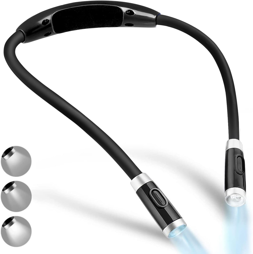 Rechargeable LED Neck Reading Light, Book Lights for Reading in Bed, 3 Brightness Levels, Flexible Soft Silicone Arms Comfortable Wear, Long Lasting. Great for Readers, Craft & Knitting,Black الصورة الرئيسية