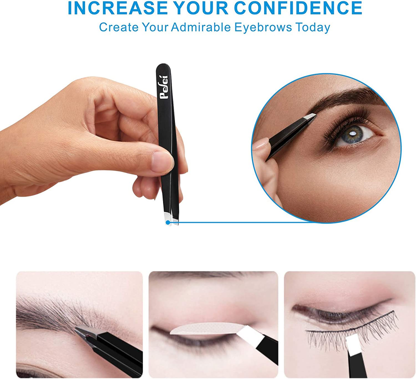 Tweezers Set - Professional Stainless Steel Tweezers for Eyebrows - Great Precision for Facial Hair, Splinter and Ingrown Hair Removal (Black) صورة ثانوية