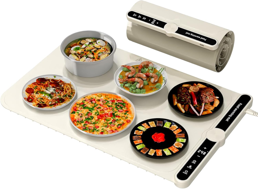 Smart Warming Mat for Food, Upgrade Waterproof Foldable Heating Mat, Food Warming Mat with 9 Level Adjustable Temperature and 6-Speed Timing, Easy to Clean Food Warmers for Buffet,Party,Thawin (Beige) الصورة الرئيسية