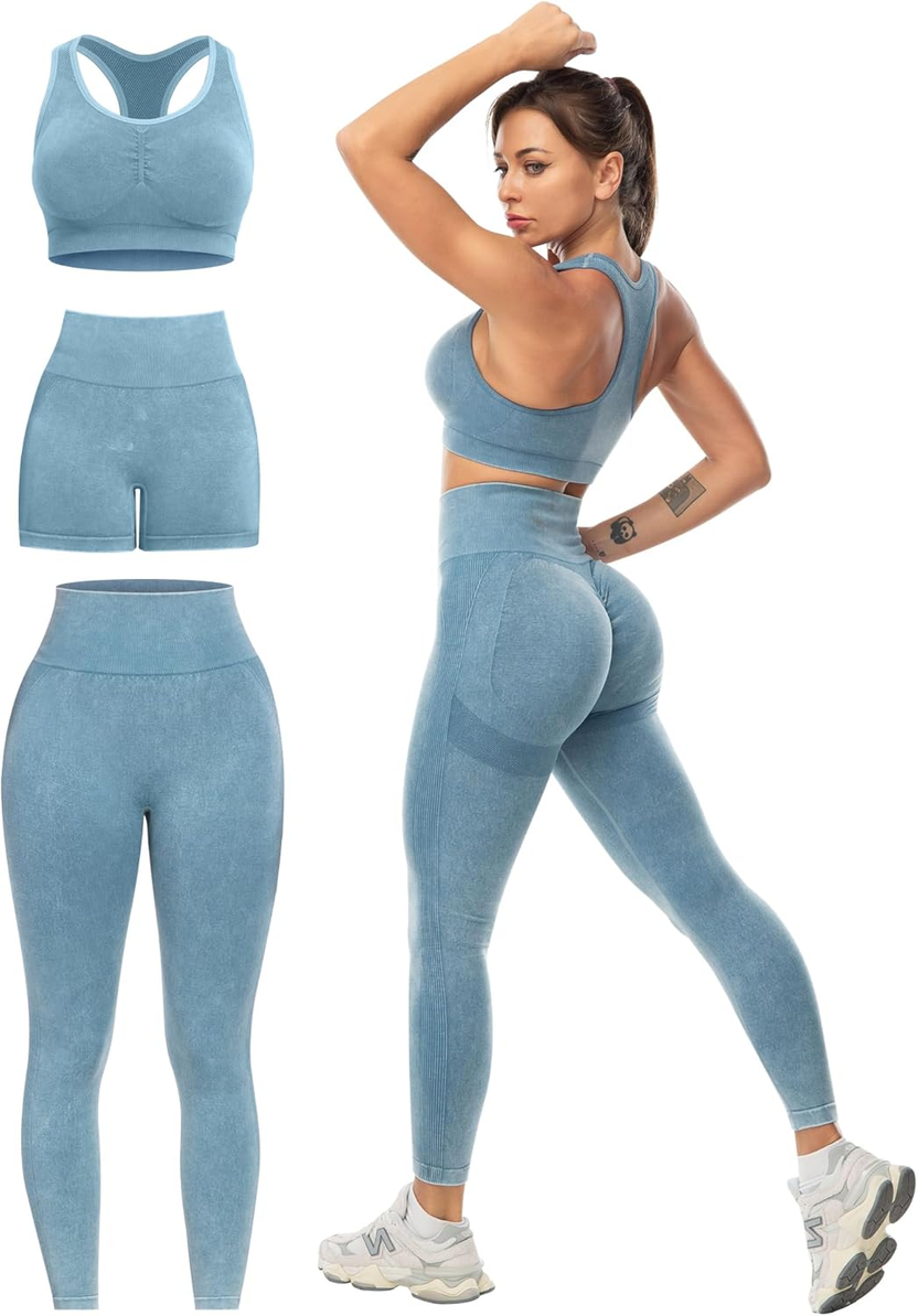 3 Piece Workout Sets For Women Butt Lifting Leggings صورة ثانوية