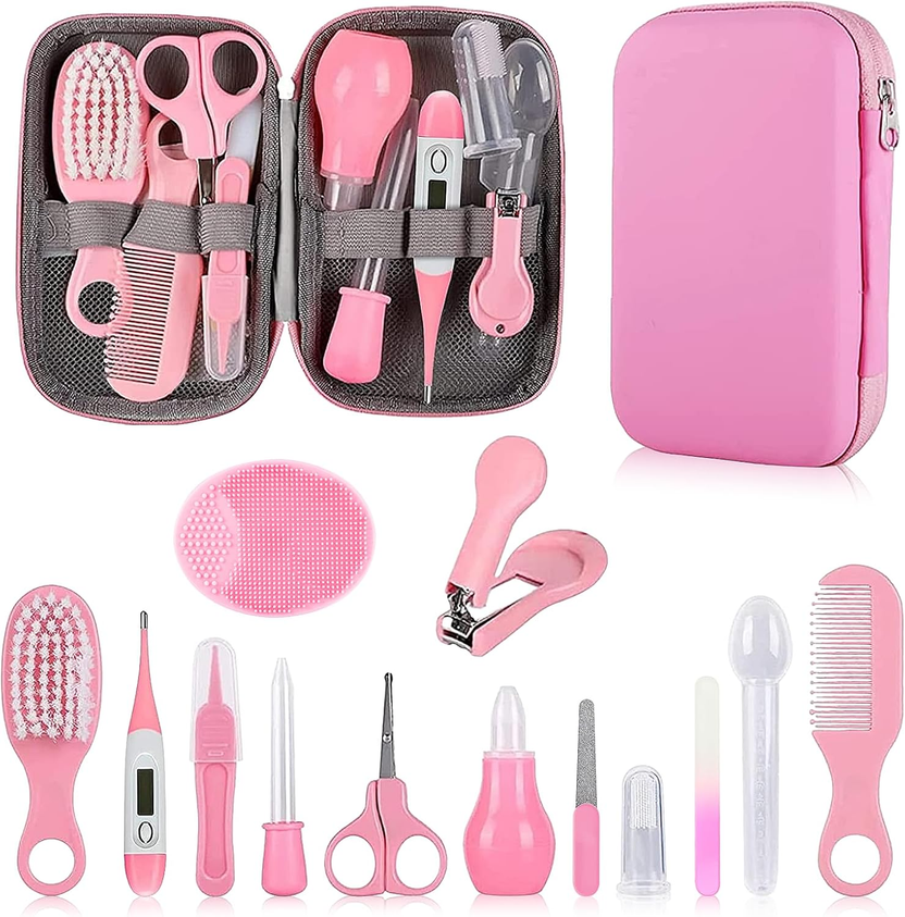 Baby Grooming Kit, Infant Safety Care Set with Hair Brush Comb Nail Clipper Nasal Aspirator,Baby Essentials Kit for Newborn Girls Boys (Pink Baby Grooming Kit) الصورة الرئيسية