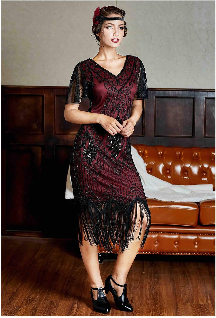 Women'S Flapper Dresses 1920S Sequins Art Deco Gatsby Cocktail Dress with Sleeve صورة ثانوية