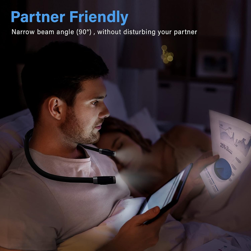 Rechargeable LED Neck Reading Light, Book Lights for Reading in Bed, 3 Brightness Levels, Flexible Soft Silicone Arms Comfortable Wear, Long Lasting. Great for Readers, Craft & Knitting,Black صورة ثانوية