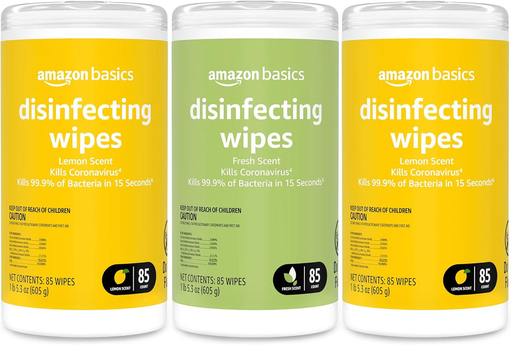 Disinfecting Wipes, Lemon & Fresh Scent, Sanitizes/Cleans/Disinfects/Deodorizes, 255 Count (2 Packs Lemon, 1 Pack Fresh Scent)