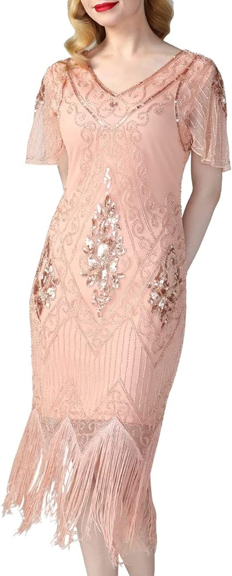 Women'S Flapper Dresses 1920S Sequins Art Deco Gatsby Cocktail Dress with Sleeve الصورة الرئيسية