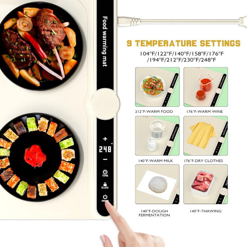 Smart Warming Mat for Food, Upgrade Waterproof Foldable Heating Mat, Food Warming Mat with 9 Level Adjustable Temperature and 6-Speed Timing, Easy to Clean Food Warmers for Buffet,Party,Thawin (Beige) صورة ثانوية