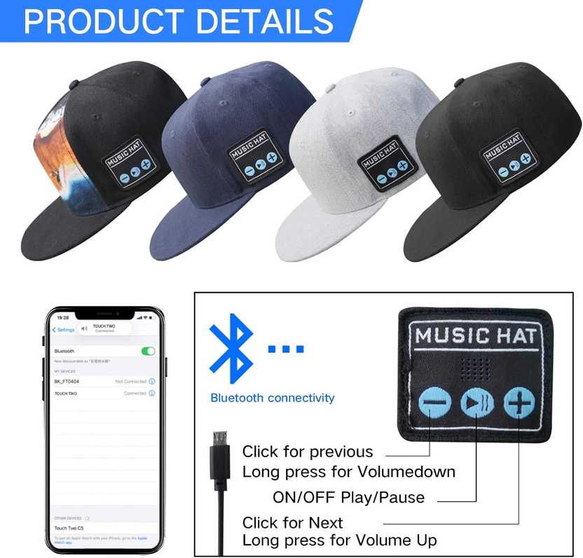 Bluetooth Speaker Hat, Baseball Cap with Built-In HD Stereo Speakers & Hidden Mic, Hands-Free Calling for Cycling, Skate Parks, Party, Dancing, Outdoor Sports, Gifts for Men, Brother, Boyfriend, Him صورة ثانوية