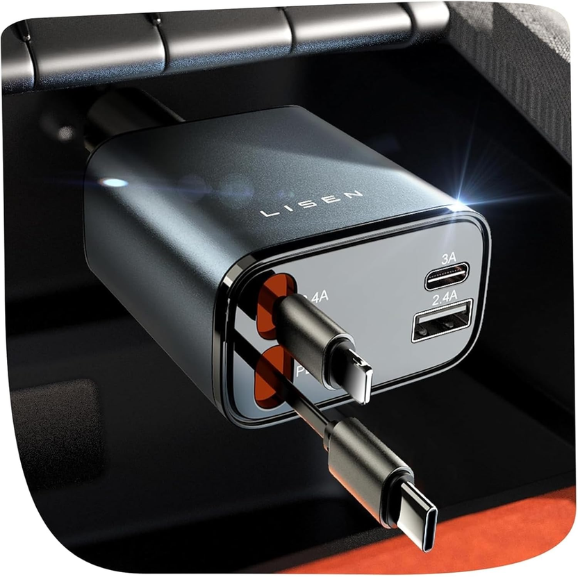 Retractable Car Charger, for Gifts for Him Her, Cars Adapter USB C Fast Charger, Car Accessories Gadgets for Men Women Travel Essentials Gift for Iphone 17 Pro Max 16 15 14 13 12, Samsung S26 الصورة الرئيسية