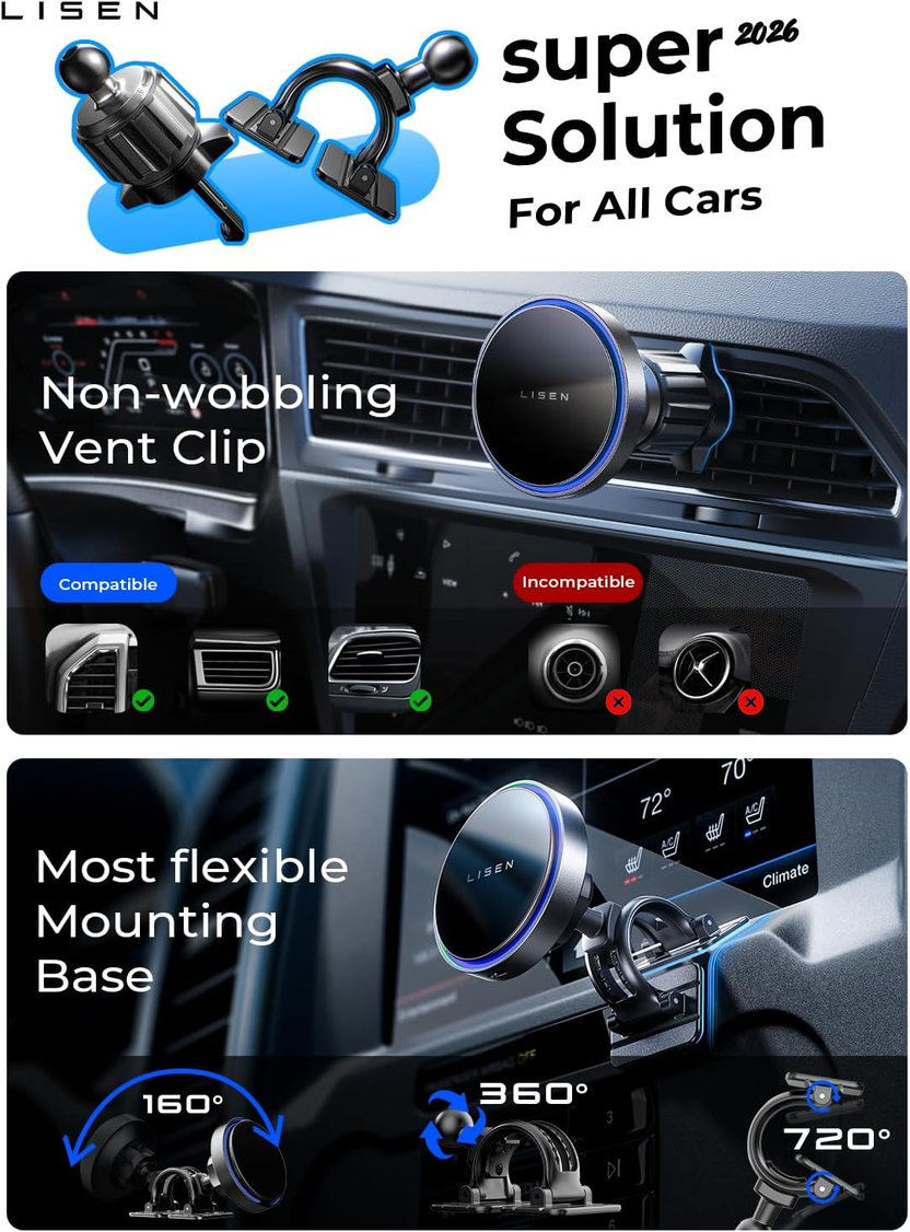 For 15W Magsafe Car Mount Charger,Magsafe Charger,Wireless Car Charger,Magnetic Phone Holder for Car,Phone Holders for Your Car Accessories for Women Men Jeep Ford F150 for Iphone 17-12,Samsung صورة ثانوية