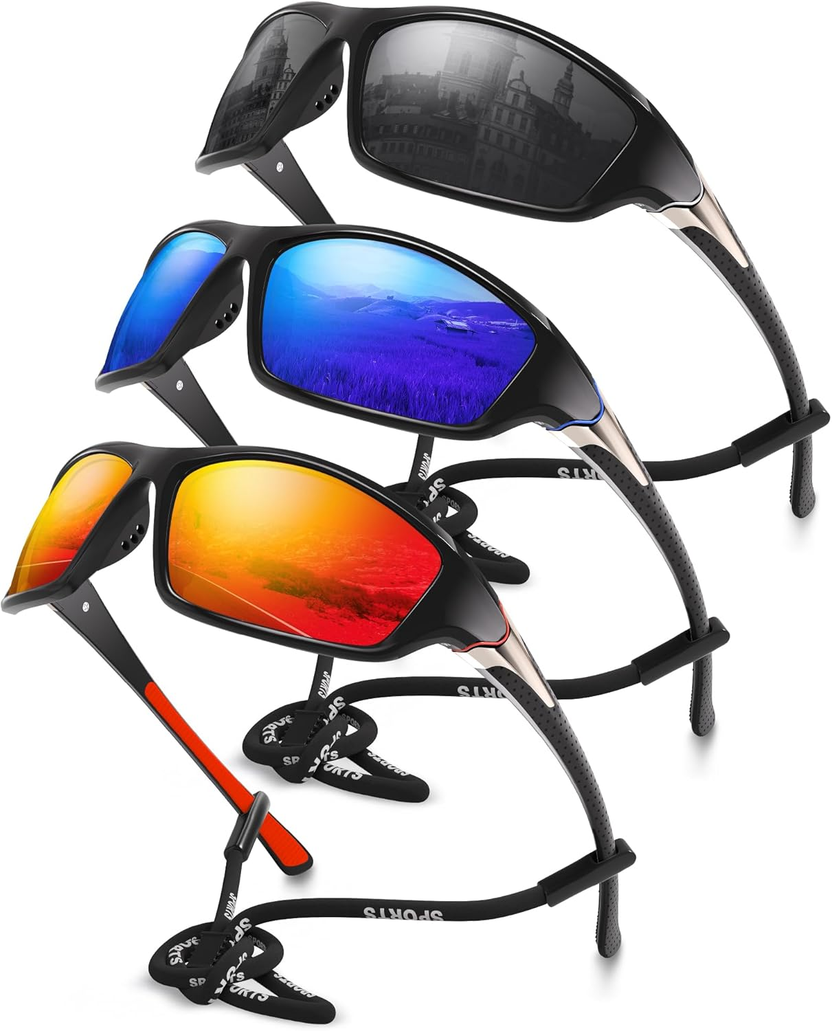3 Pack Polarized Sports Sunglasses for Men, Mens Sunglasses Wrap around UV Protection for Cycling Fishing Driving صورة ثانوية