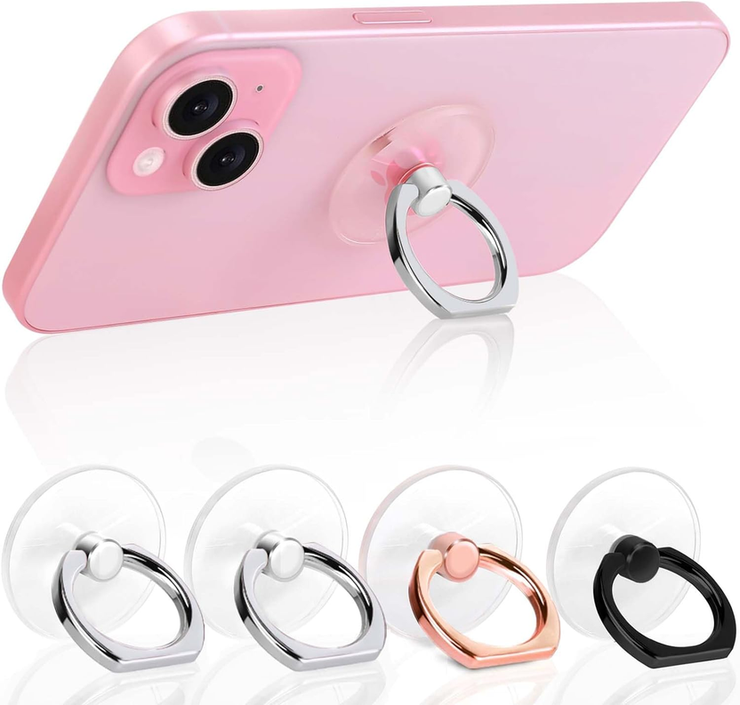 Cell Phone Ring Holder, Transparent Ring Holder 360°Rotation Finger Ring Stand, Clear Cell Phone Kickstand Compatible with Most of Phones, Tablet and Case, (2Silver+1Black+1Rose Gold) الصورة الرئيسية