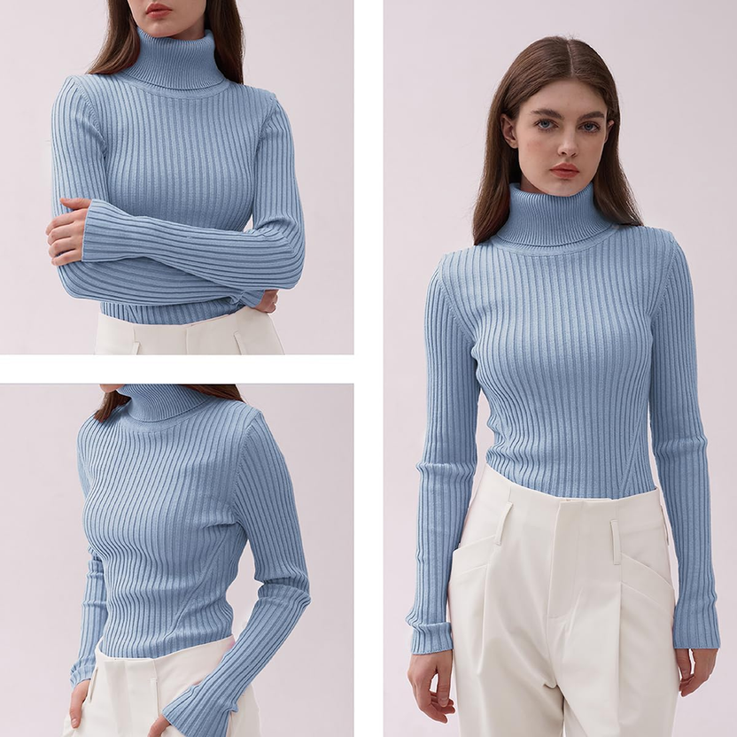 Turtleneck Ribbed Sweaters for Women Cute Sexy Knitted Warm Fitted Sweater الصورة الرئيسية