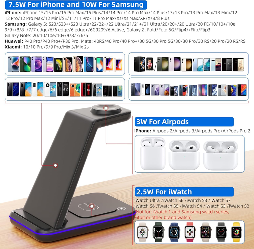 Wireless Charging Station, 3 in 1 Fast Wireless Charger for Iphone 15/14/13/12/11 Series/Se/Xs/Xs Max/Xr/X/8/8 Plus, Charging Stand for Apple Watch Se/8/7/6/5/4/3/2/Ultra and Airpods Pro/3/2 صورة ثانوية