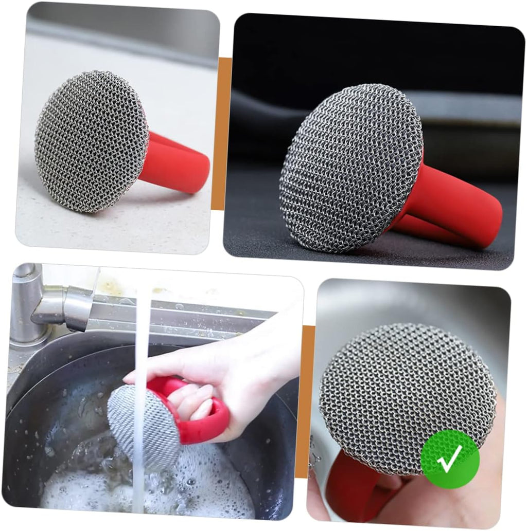 Metal Mesh Pot Brush with Handle Scrubber for Pots Pans and Dishes Ergonomic Design for Easy Cleaning and Storage