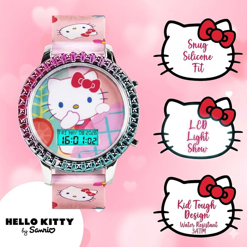 Hello Kitty digital watch on a pink background with product features highlighted صورة ثانوية
