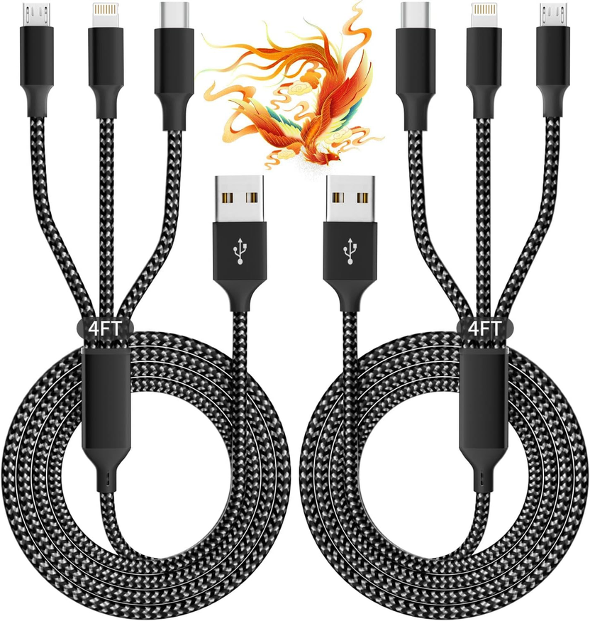 Multi Charging Cable(2Pack 4FT), 3 in 1 USB Charging Cable for Multiple Devices, Braided Universal Phone Charger Cord with Type-C, Micro USB, IP Port for Iphone17/16/14/Android Phones and More الصورة الرئيسية
