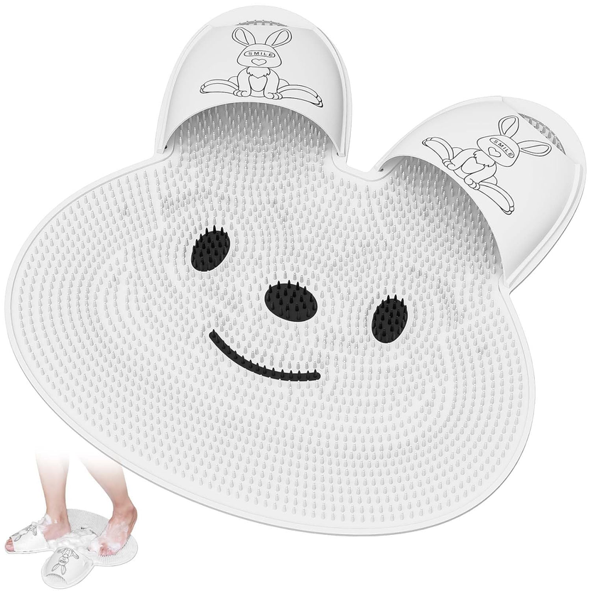 Extra-Large Shower Foot Scrubber Mat with Non-Slip Suction Cups, Rabbit-Shaped Silicone Foot Scrubber in Shower for Men & Women (White) الصورة الرئيسية