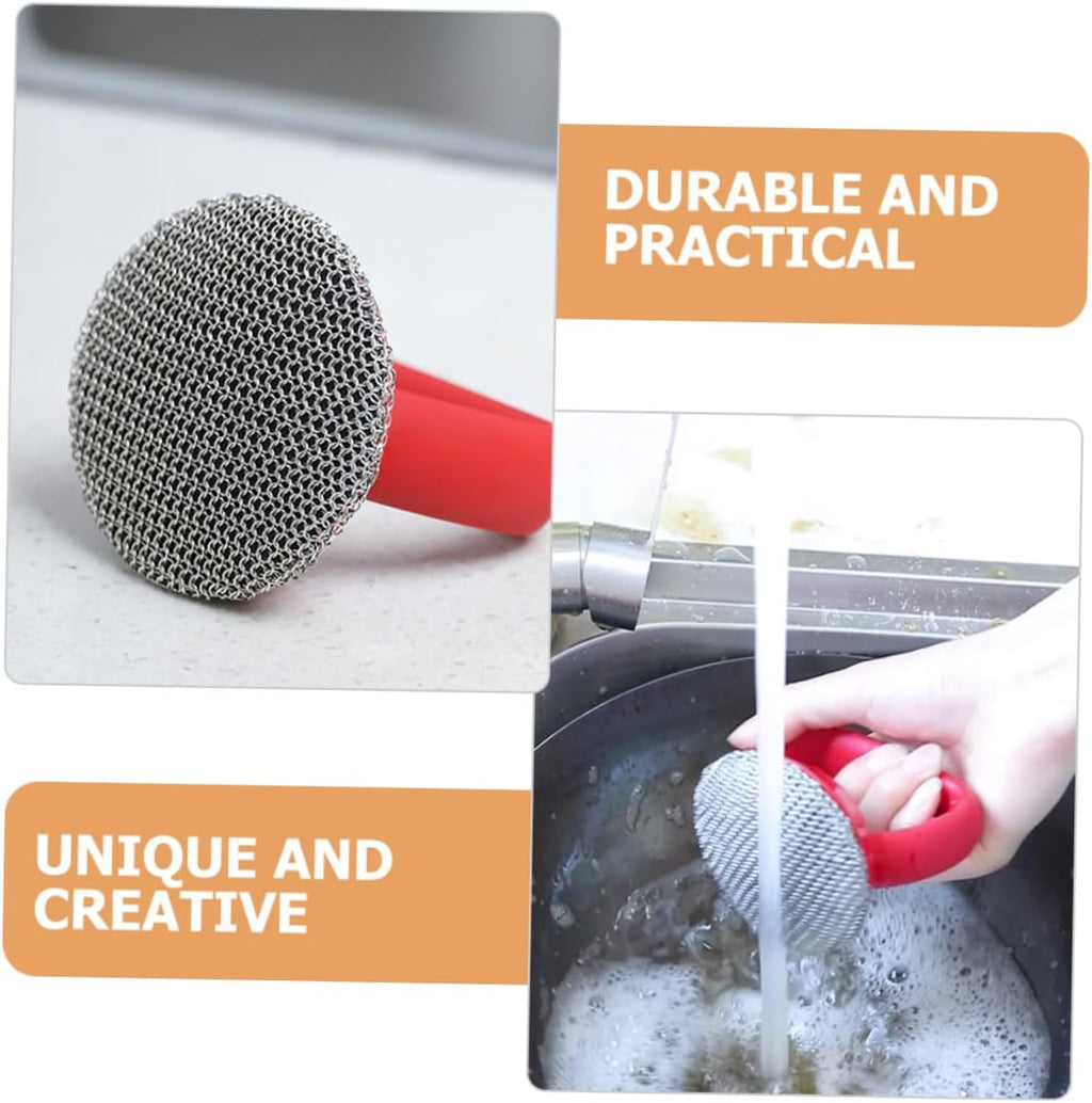 Metal Mesh Pot Brush with Handle Scrubber for Pots Pans and Dishes Ergonomic Design for Easy Cleaning and Storage