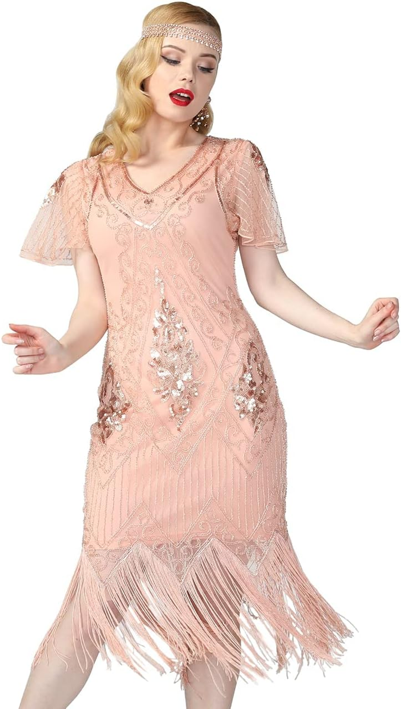 Women'S Flapper Dresses 1920S Sequins Art Deco Gatsby Cocktail Dress with Sleeve صورة ثانوية