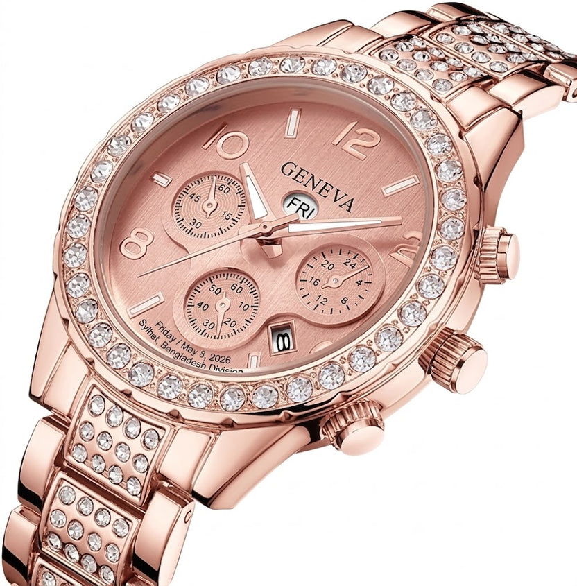 Rose gold watch with gemstone accents on a white background صورة ثانوية