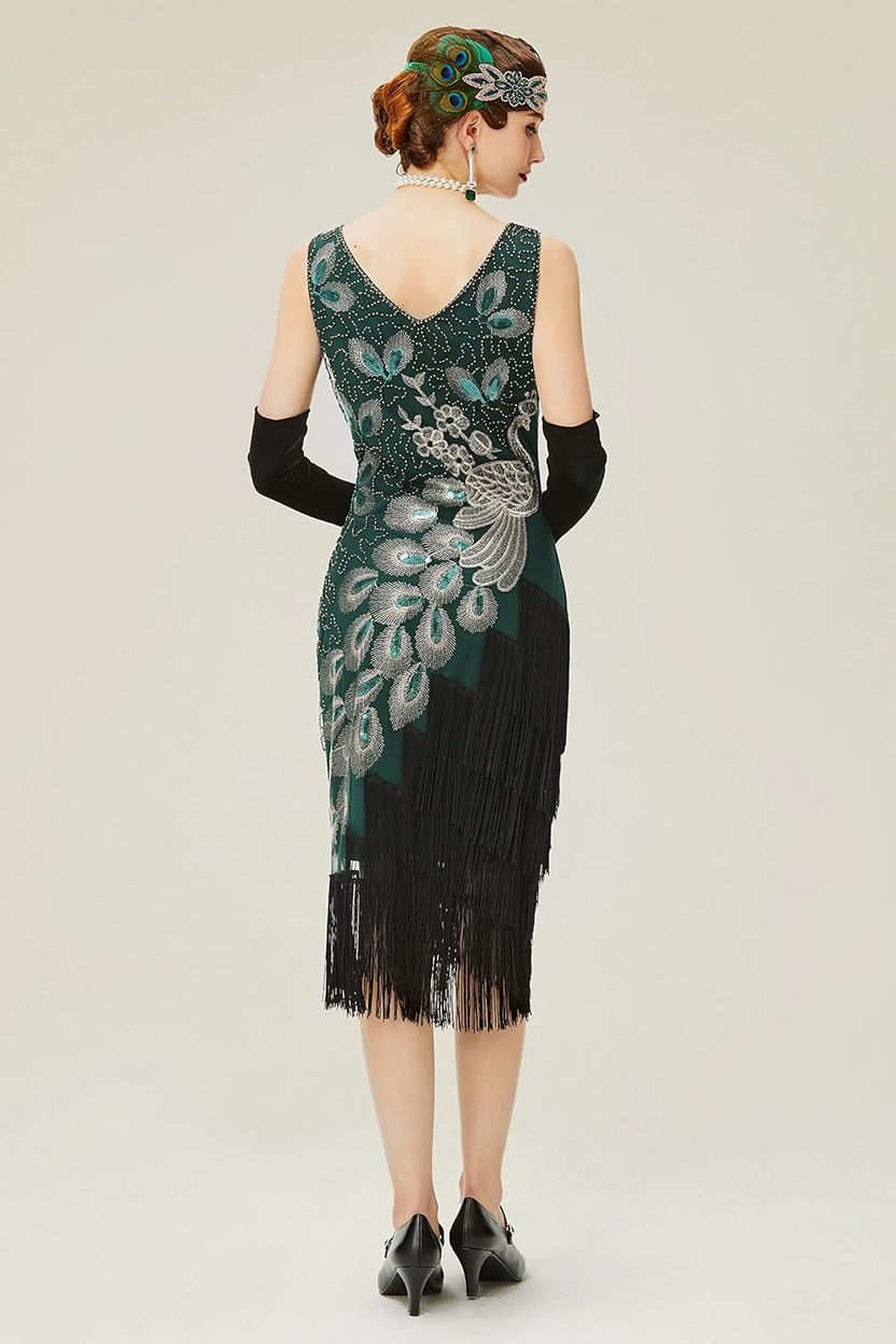 1920S Vintage Peacock Sequined Dress Gatsby Fringed Flapper Dress Roaring 20S Party Dress صورة ثانوية