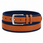 Brown and blue belt with a silver buckle on a white background