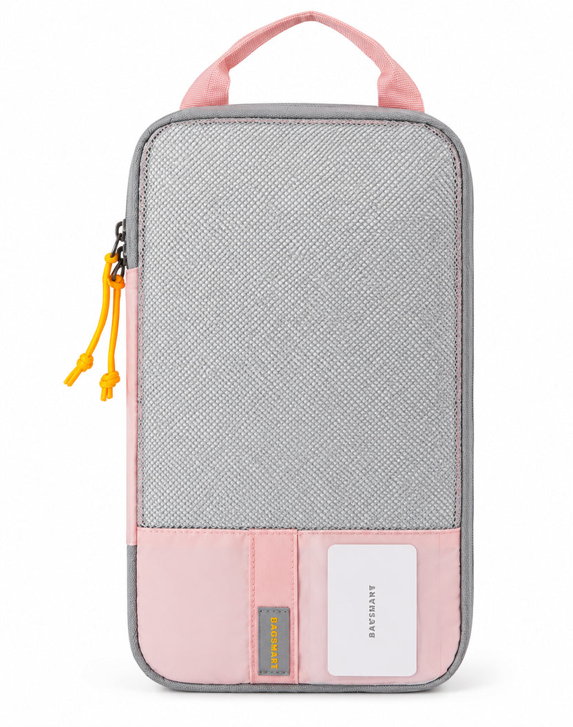 Gray and pink travel pouch with a handle on a white background Main image