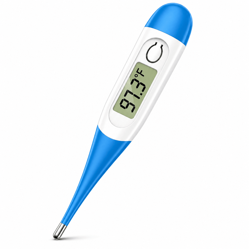 Digital thermometer with blue and white design on a white background الصورة الرئيسية