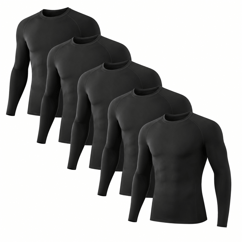 Five black long-sleeve shirts arranged in a row on a white background الصورة الرئيسية