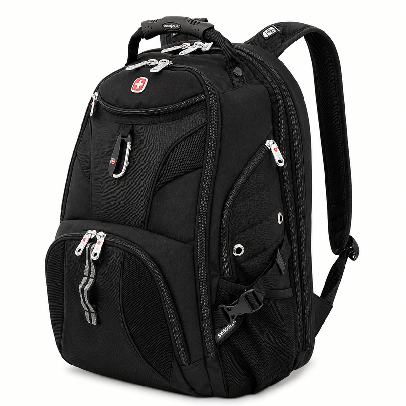 Black backpack with visible brand logo on a white background الصورة الرئيسية