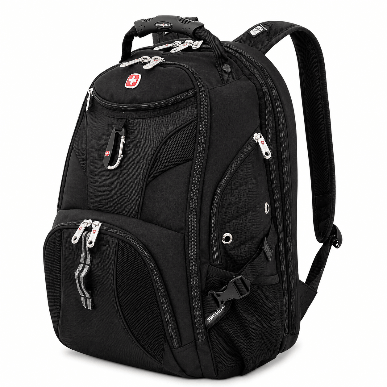 Black backpack with visible brand logo on a white background