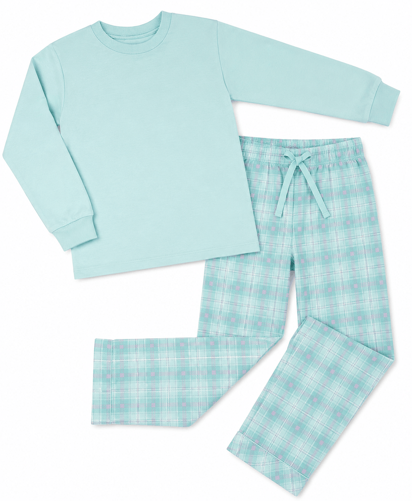 Light blue pajama set with a matching top and plaid pants on a white background الصورة الرئيسية