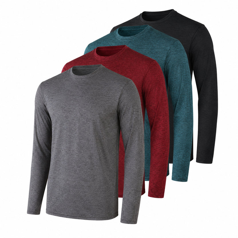 Four long-sleeve shirts in gray, red, blue, and black on a white background الصورة الرئيسية