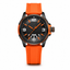 Orange watch with black dial on a white background