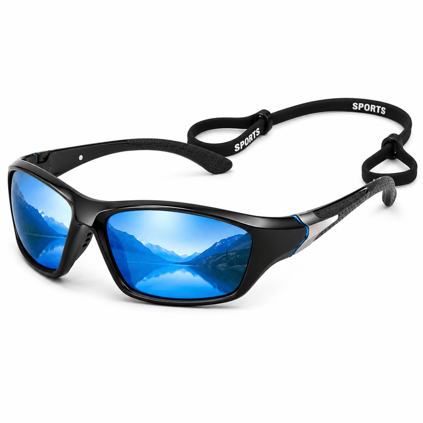 Black sunglasses with blue lenses on a white background الصورة الرئيسية