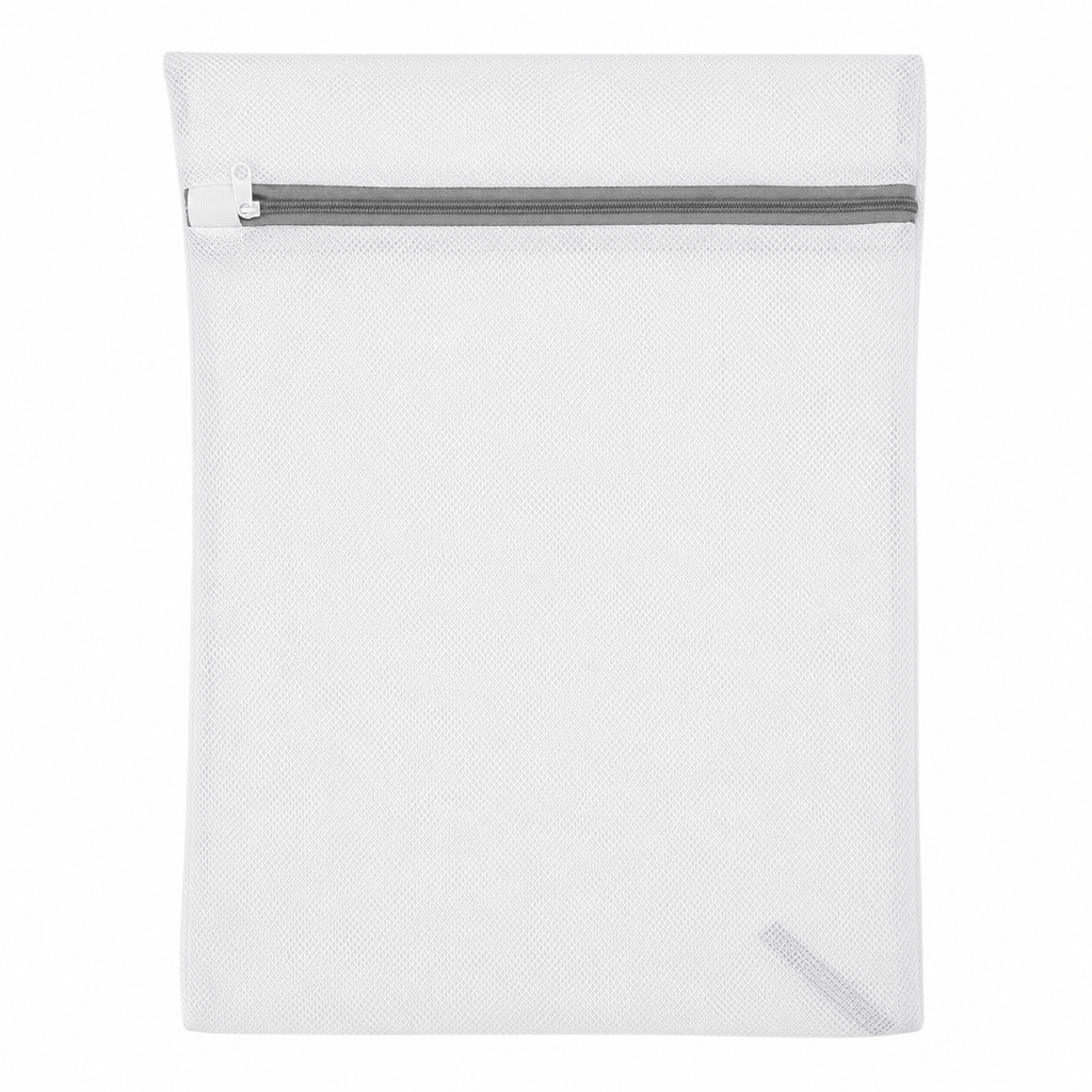 White mesh laundry bag with a zipper on a white background