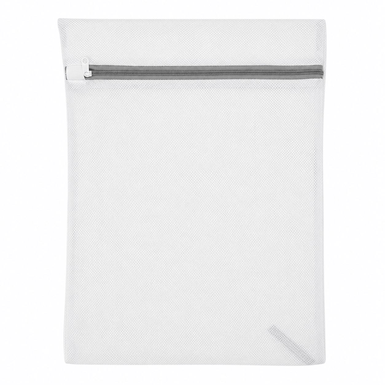 White mesh laundry bag with a zipper on a white background