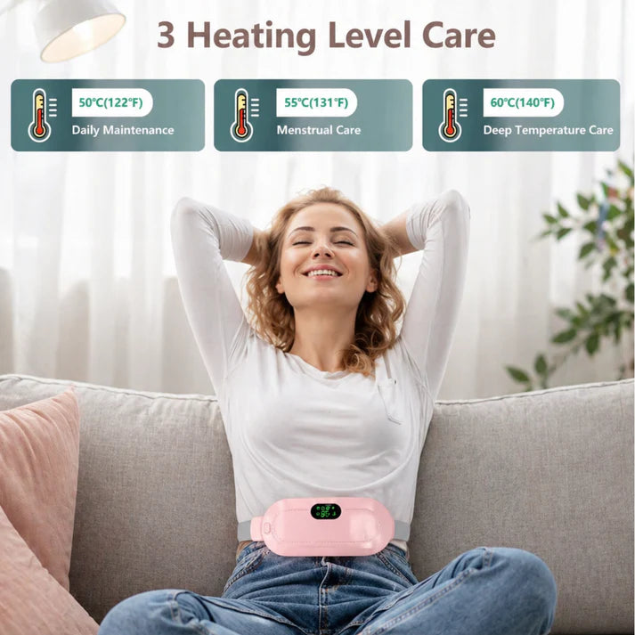 Woman sitting on a couch with a heating device, surrounded by temperature level indicators. صورة ثانوية