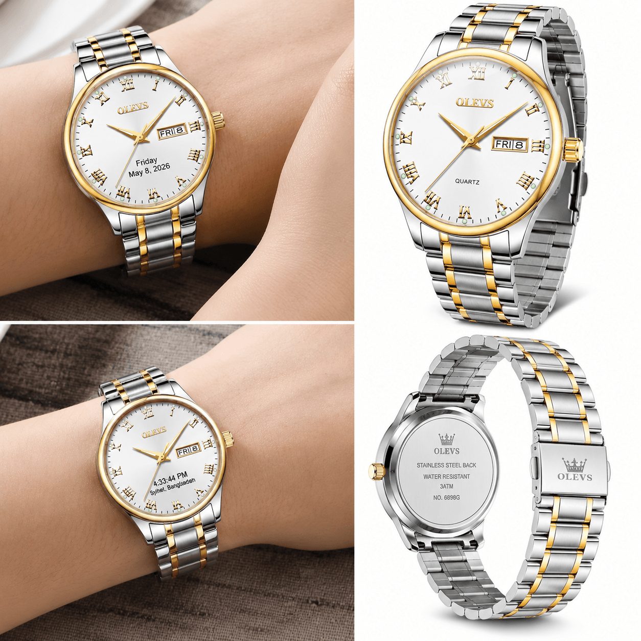 Silver and gold watch on wrist with close-up details