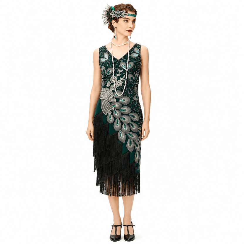 Woman wearing a vintage-style dress with peacock feather details on a white background الصورة الرئيسية