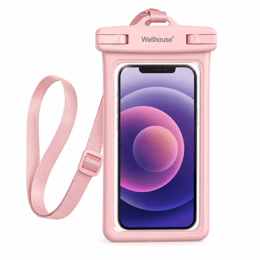 Pink phone case with a strap and 'Wellhouse' branding on a white background الصورة الرئيسية