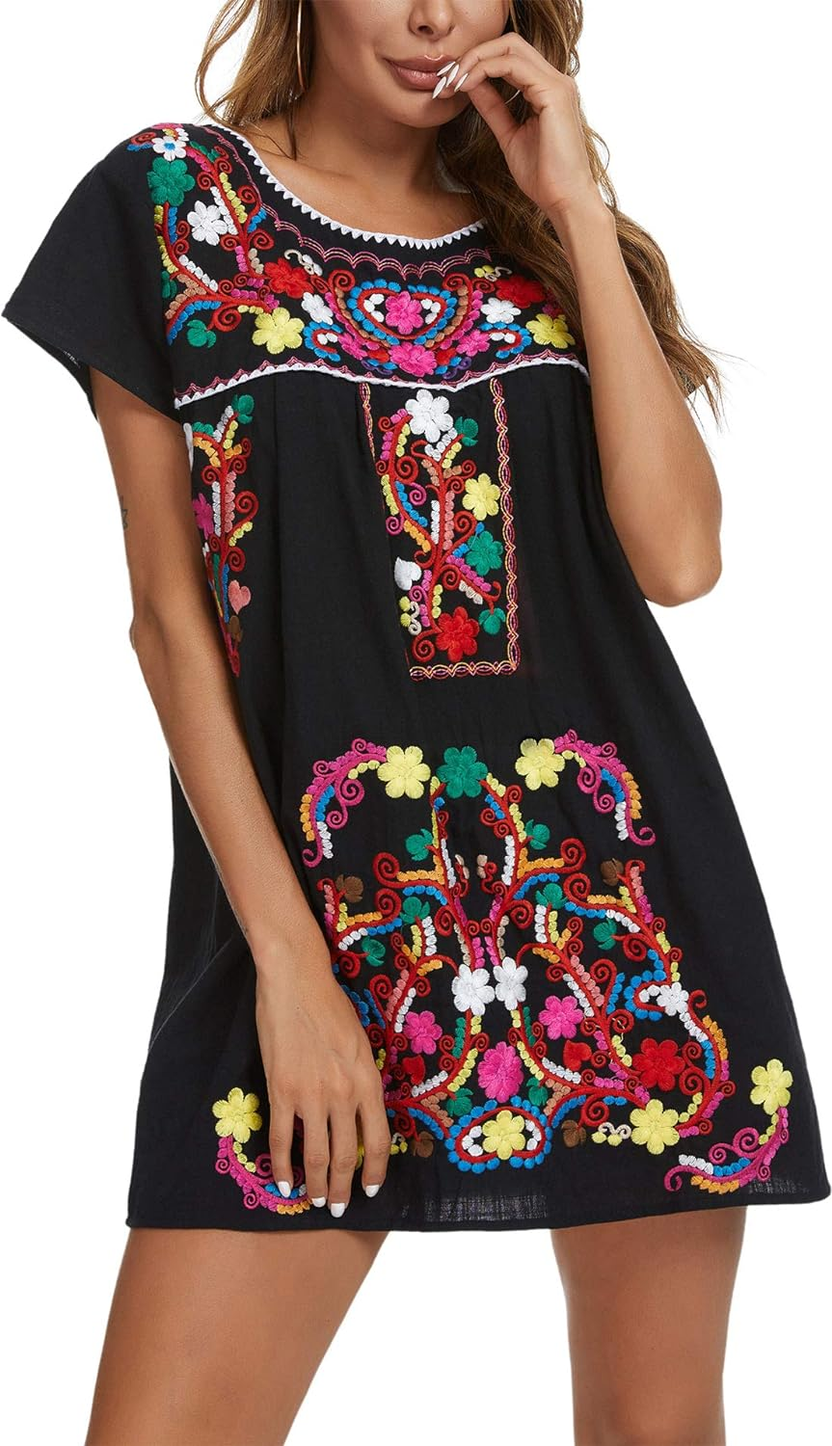 Women Mexican Embroidered Dress Short Sleeve الصورة الرئيسية